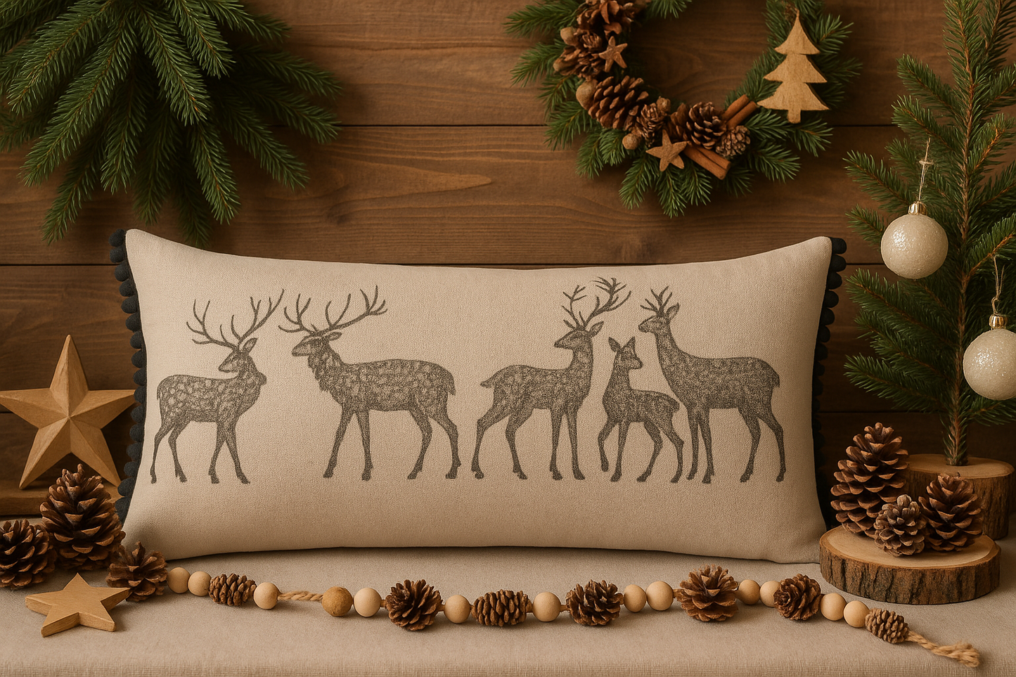 Feather-filled Forest Stag Cushion in natural cotton with woodland stag design — ideal for cosy winter interiors.