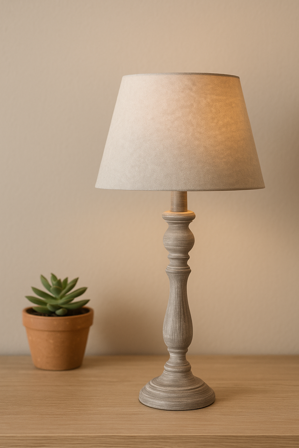Neutral wooden table lamp, 25 cm high with a 55 cm shade, styled in a cosy cottage interior with white stone walls and aged wood — available from Doyle’s Lodge Interiors in Ireland and the UK.