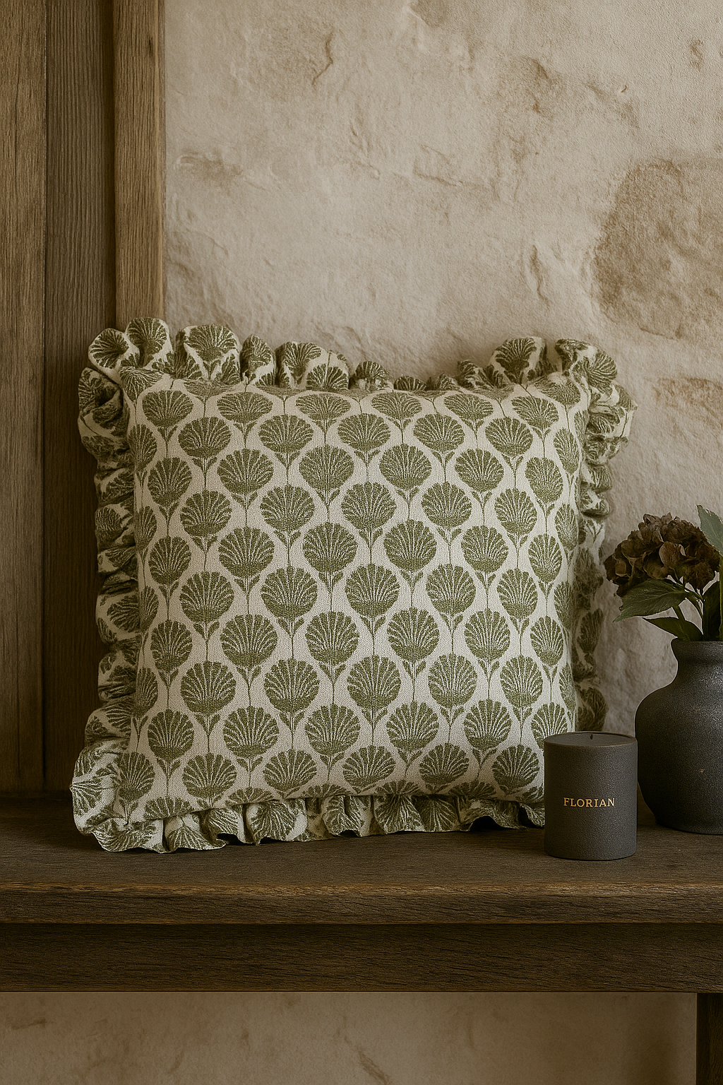 Olive green patterned cushion with frilled edge by Walton & Co, soft feather filled design, perfect for country cottage interiors.