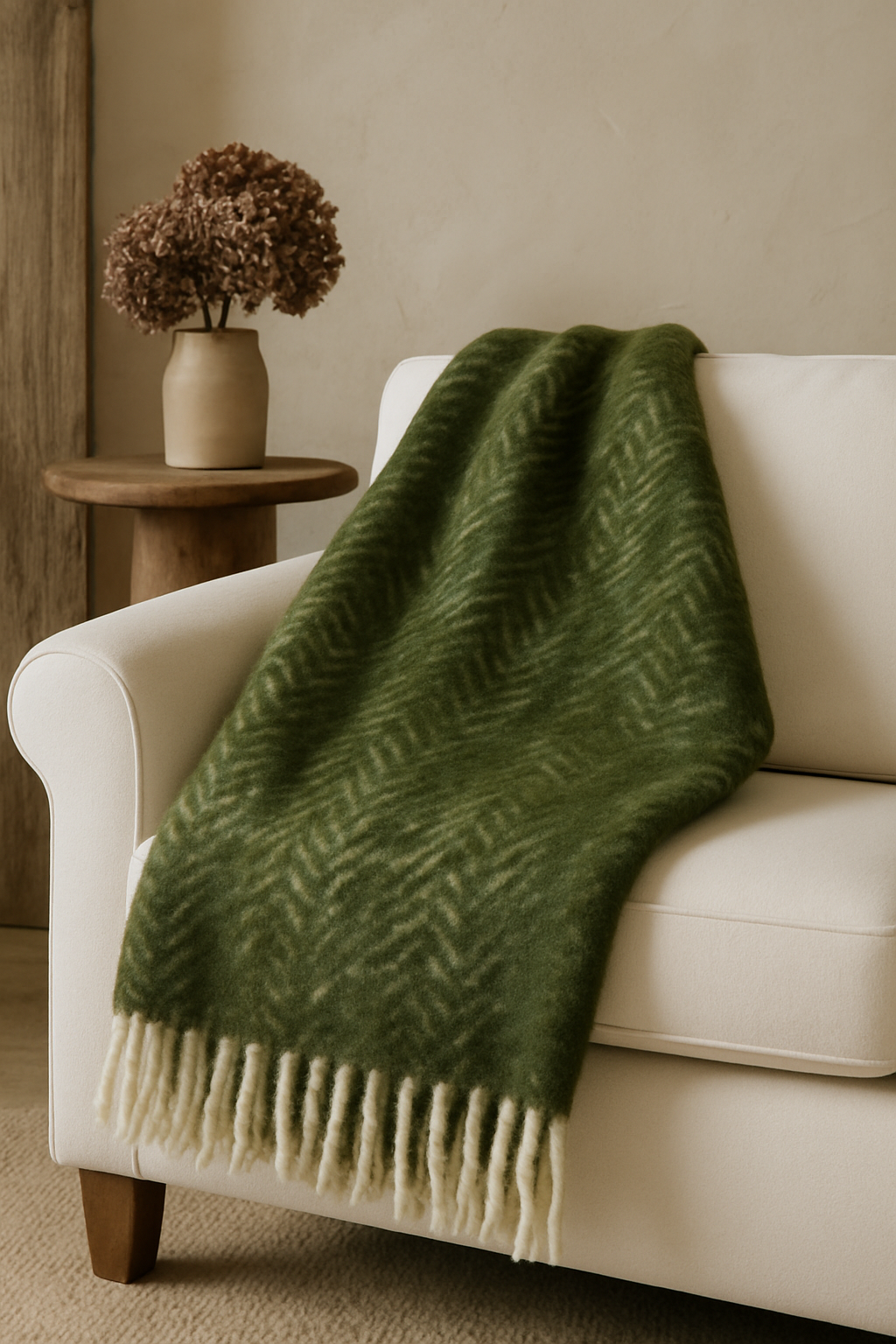 Green blanket with white fringe draped over a beige sofa in a cozy living room.