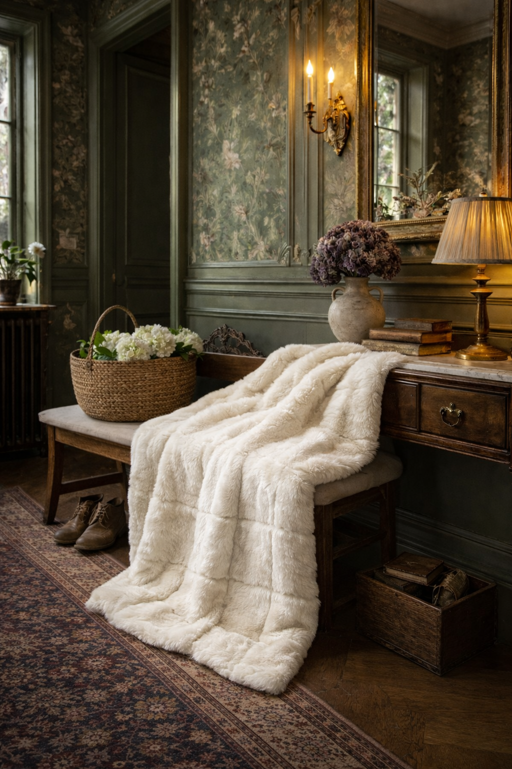 Cozy interior with a fur throw draped over a bench, floral arrangement, and decorative items.