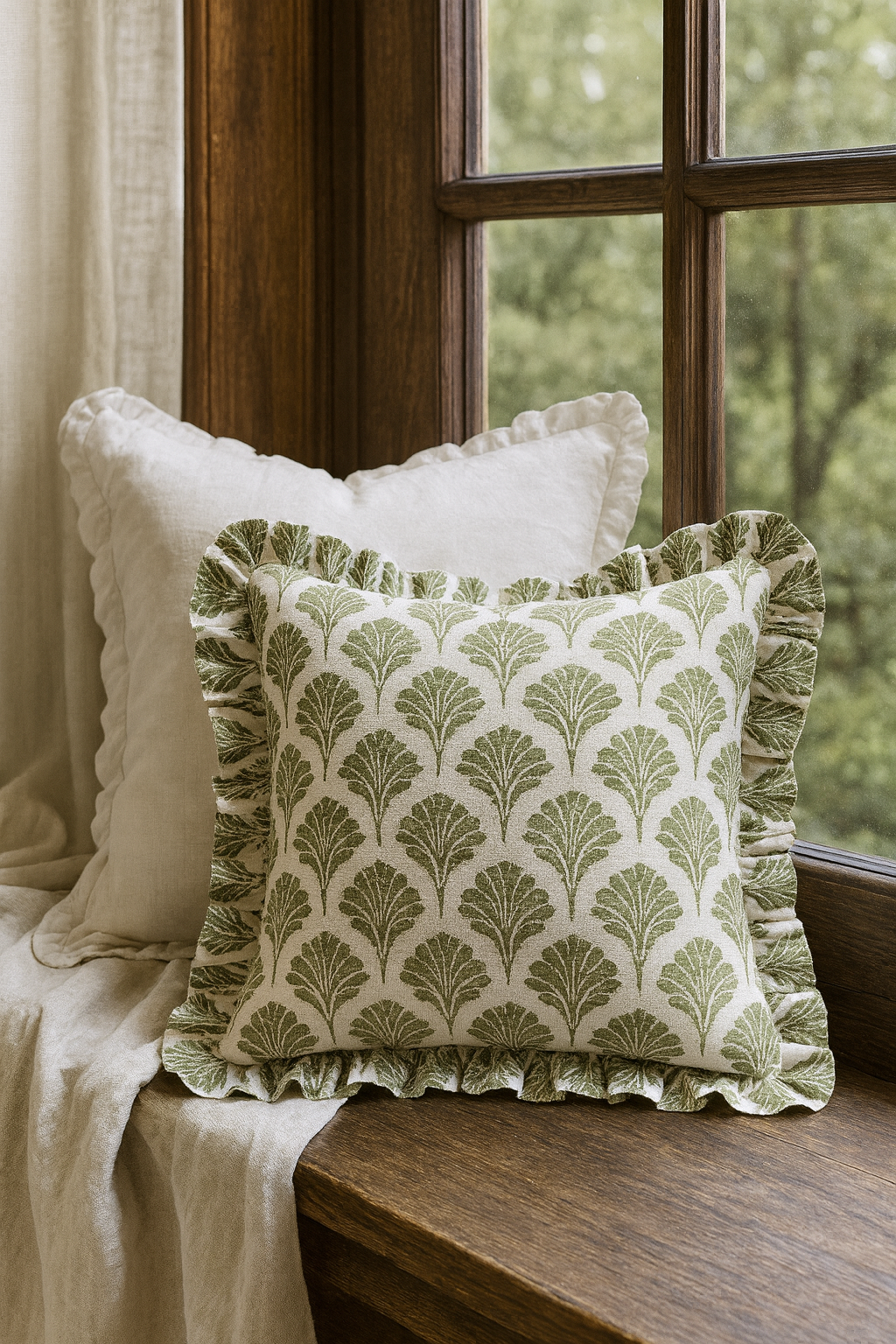 Olive green square cushion cover 45cm with soft woven texture, styled in elegant rustic interior, neutral stone backdrop, UK and Ireland country décor inspiration.