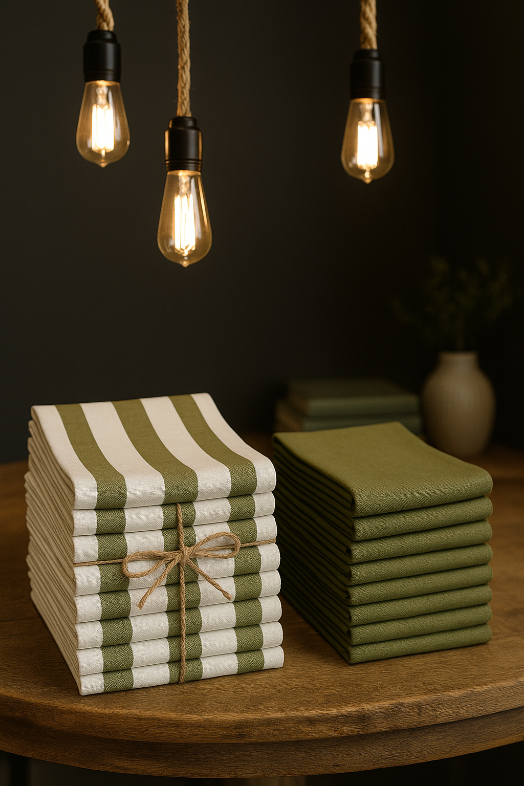Stacks of green and white striped tea towels on a wooden table with hanging light bulbs.