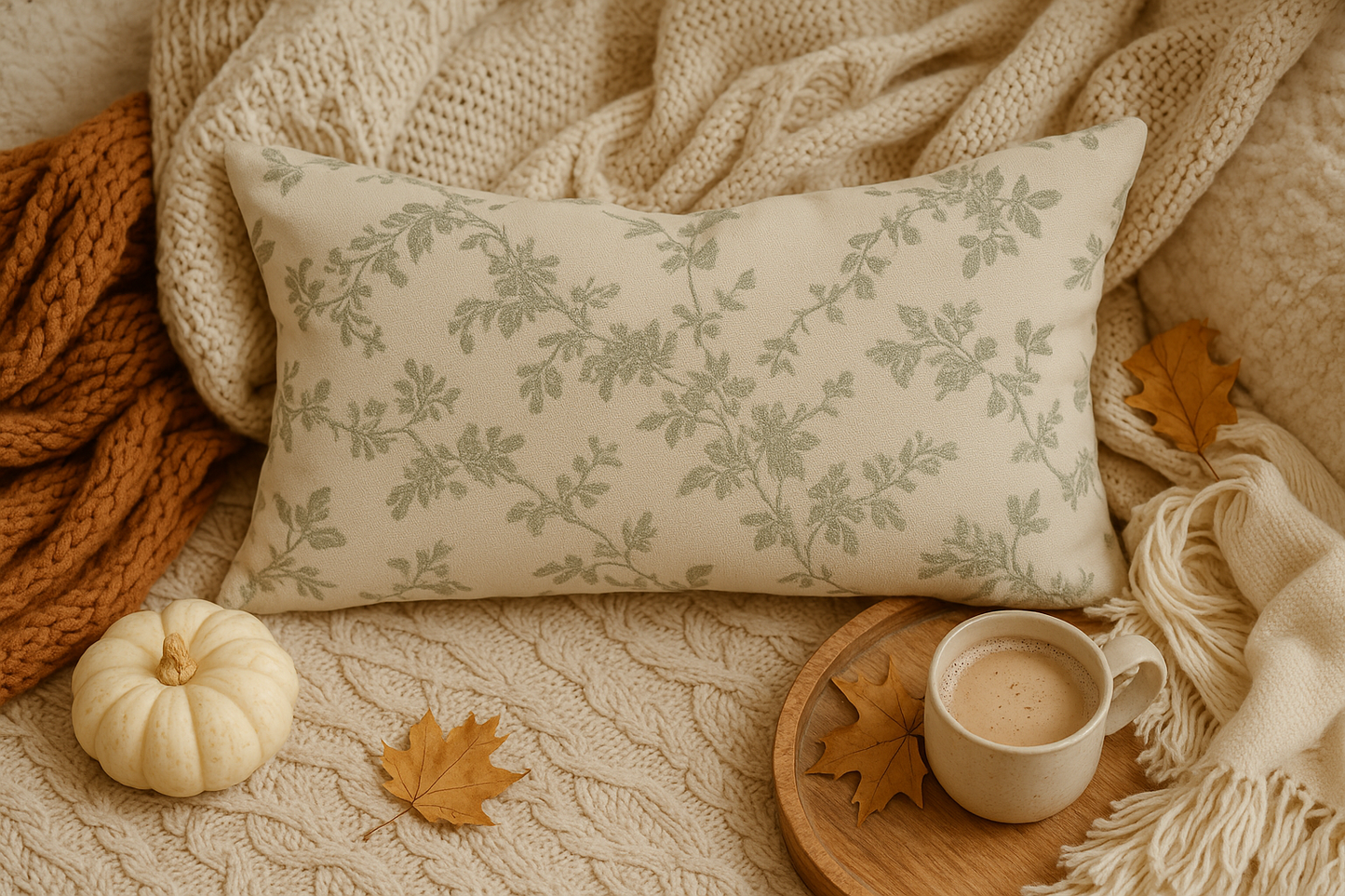 30x50cm rectangular cushion cover in beige with light sage green floral pattern, styled in a cozy autumn setting with knitted throws, pumpkin, and coffee.