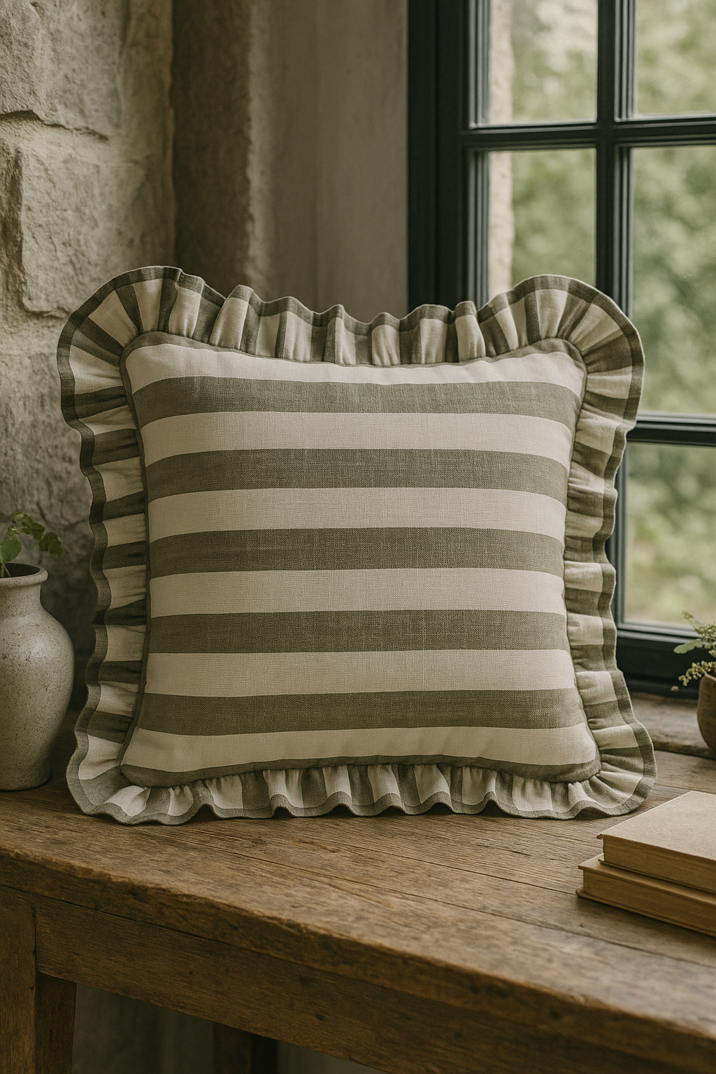 Walton & Co Stripe Ruffles Cushion, Olive – 43x43cm Feather-Filled Frilled Scatter Cushion