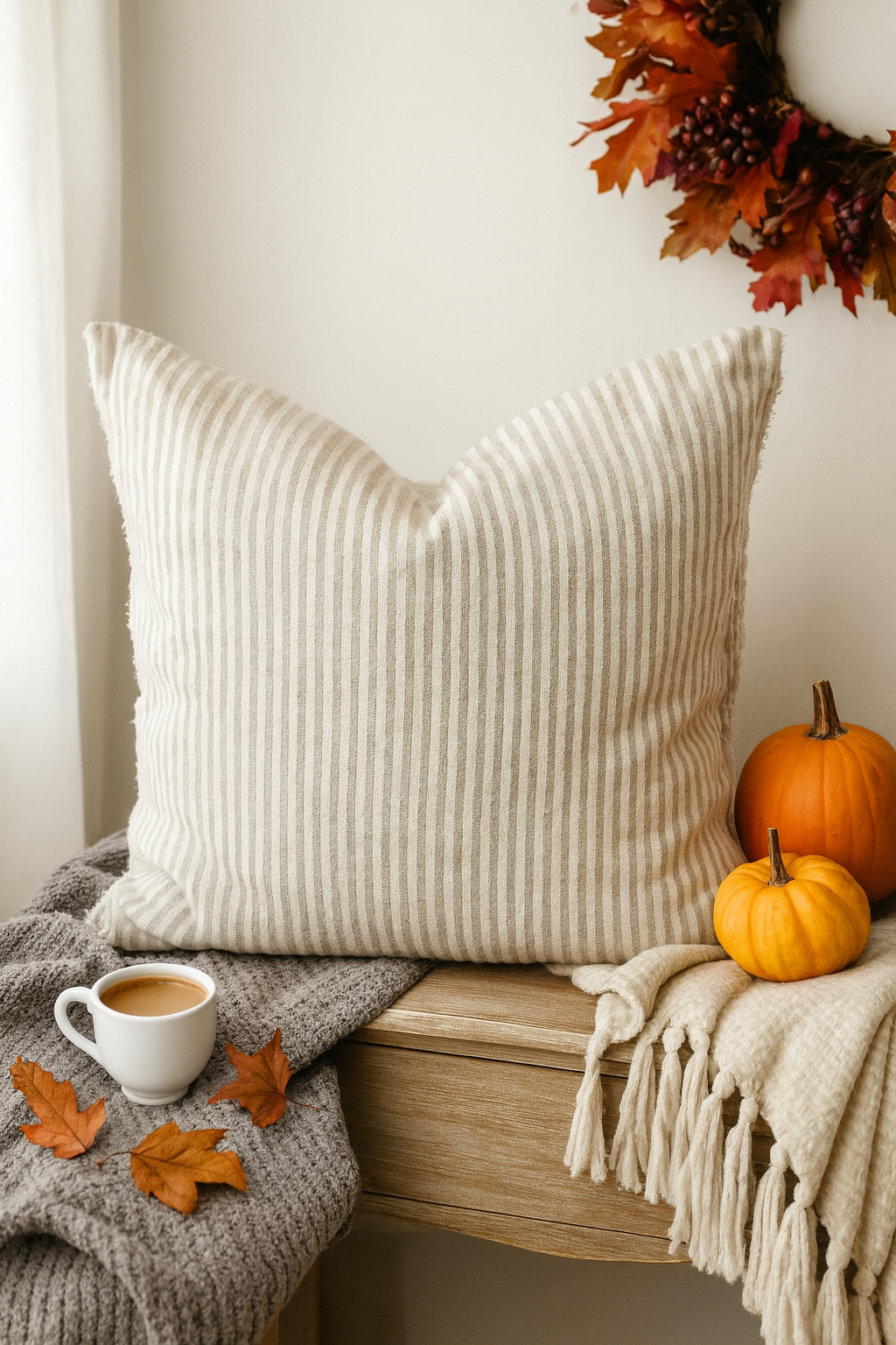 Beige and white striped cushion cover styled with autumn decor, pumpkins, cozy throw blanket, and coffee cup on a wooden bench – perfect country cottage home accessory.