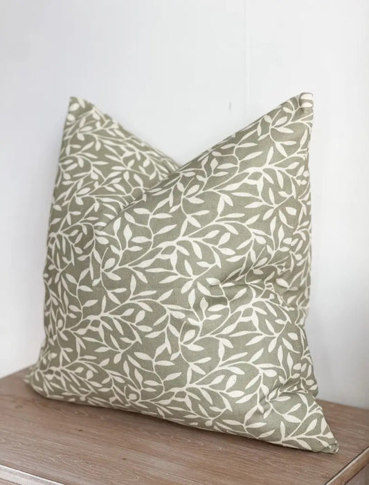Olive Green Leaf Print Cushion Cover – Botanical Cottage Charm