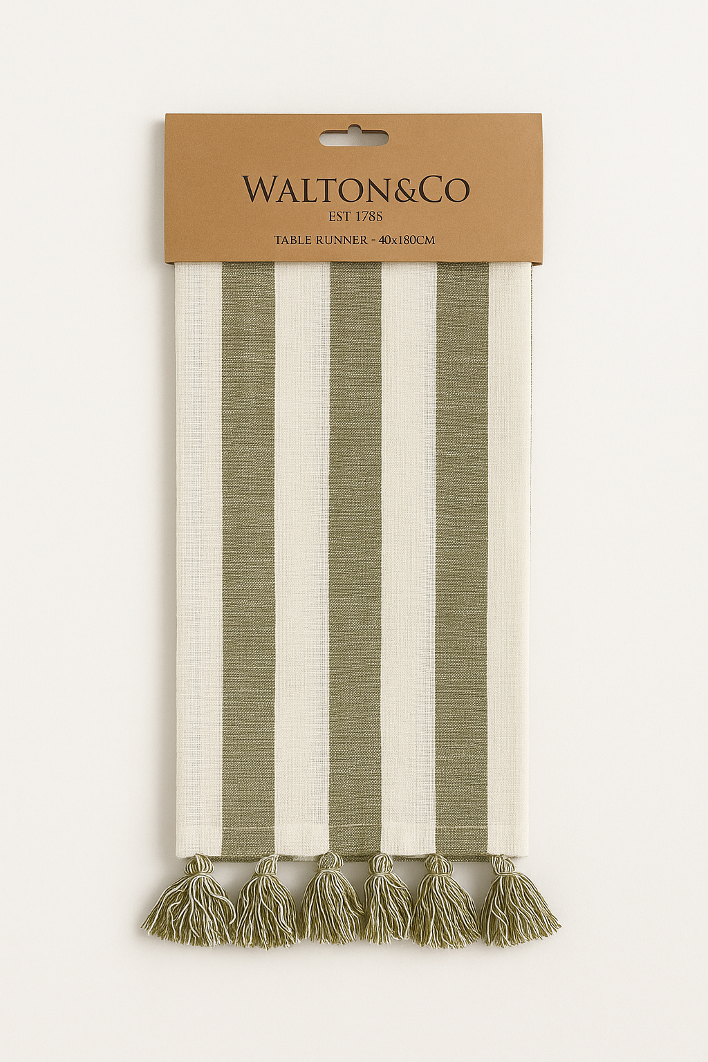 100% cotton table runner in olive green and cream stripes with hand-tied tassels, perfect for rustic or farmhouse-style tables.