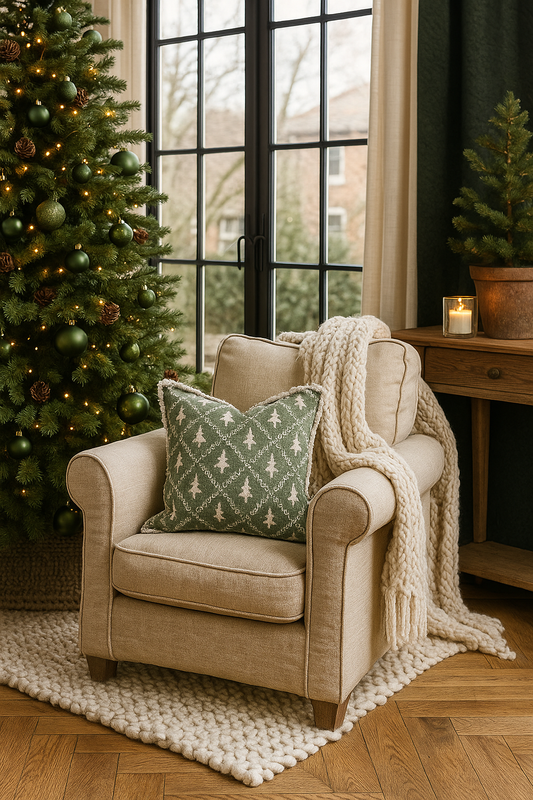 Feather-filled eucalyptus Christmas cushion 45x45 by Walton & Co, 100% cotton, high-quality festive cushion for cosy country-style interiors.