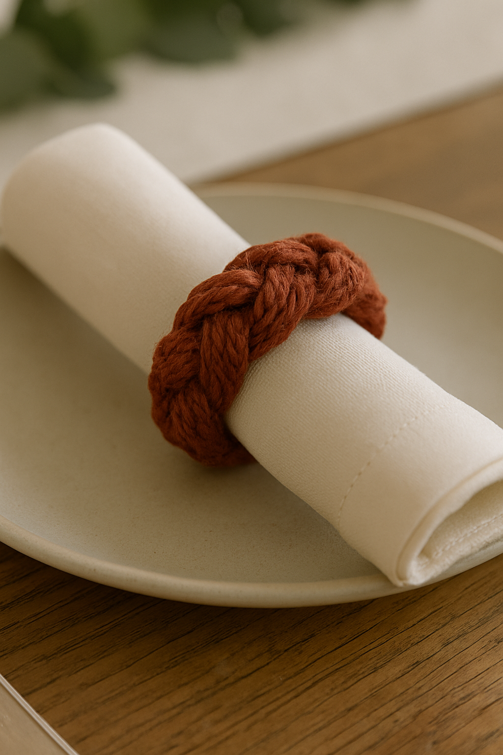 Braided rust napkin ring adding texture and warmth to country table setting.