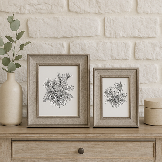 Brushed wooden photo frame styled on aged wood console against white stone wall
