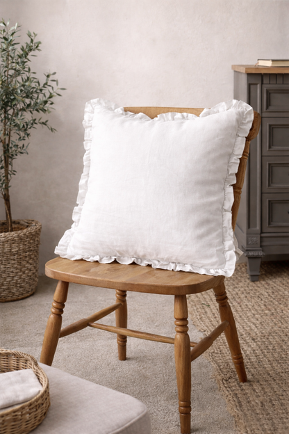 White Linen Cushions with Covers | Ruffle Edge Decorative Throw Pillows (53x53cm)