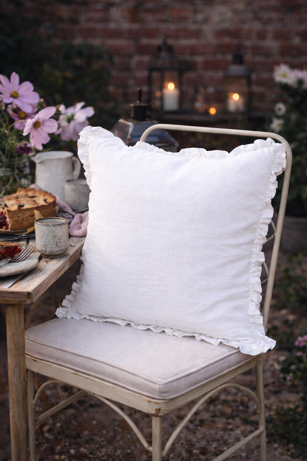 White Linen Cushions with Covers | Ruffle Edge Decorative Throw Pillows (53x53cm)