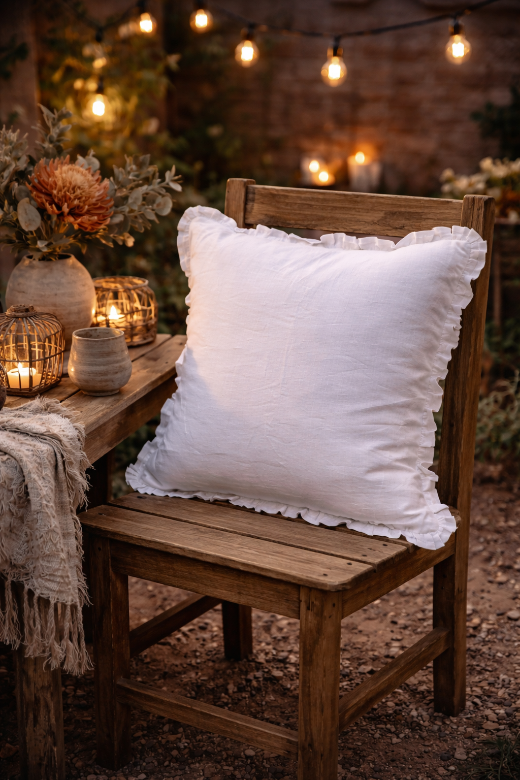 White linen cushions with ruffle edge, 53cm x 53cm feather-filled throw pillows styled on wooden chair with warm lighting, neutral decorative cushions for sofa, bed and country home decor.