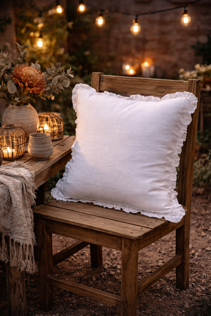 White linen cushions with ruffle edge, 53cm x 53cm feather-filled throw pillows styled on wooden chair with warm lighting, neutral decorative cushions for sofa, bed and country home decor.