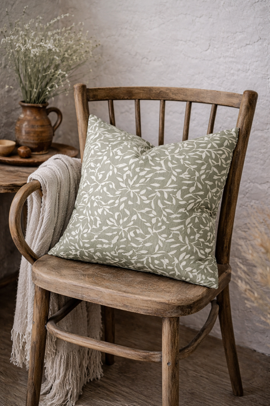 Olive Green Leaf Print Cushion Cover – Botanical Cottage Charm