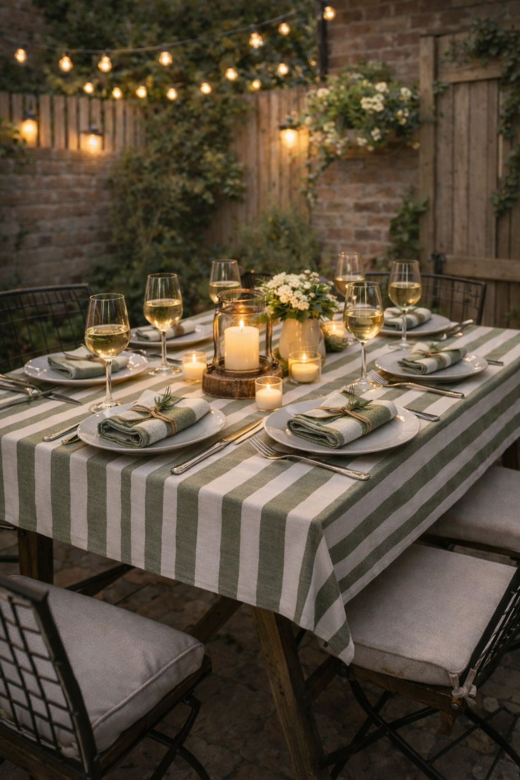 Striped olive and porcelain cotton tablecloth for six-seater table, styled outdoor dining setup with candles and neutral tableware for garden entertaining.
