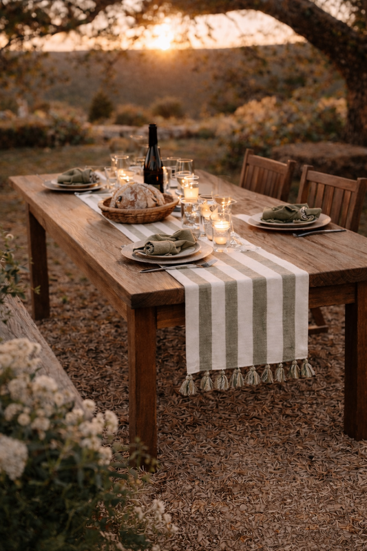 Olive and off-white striped cotton table runner with tassel ends by Walton & Co, 40cm x 180cm, styled for country dining table décor.