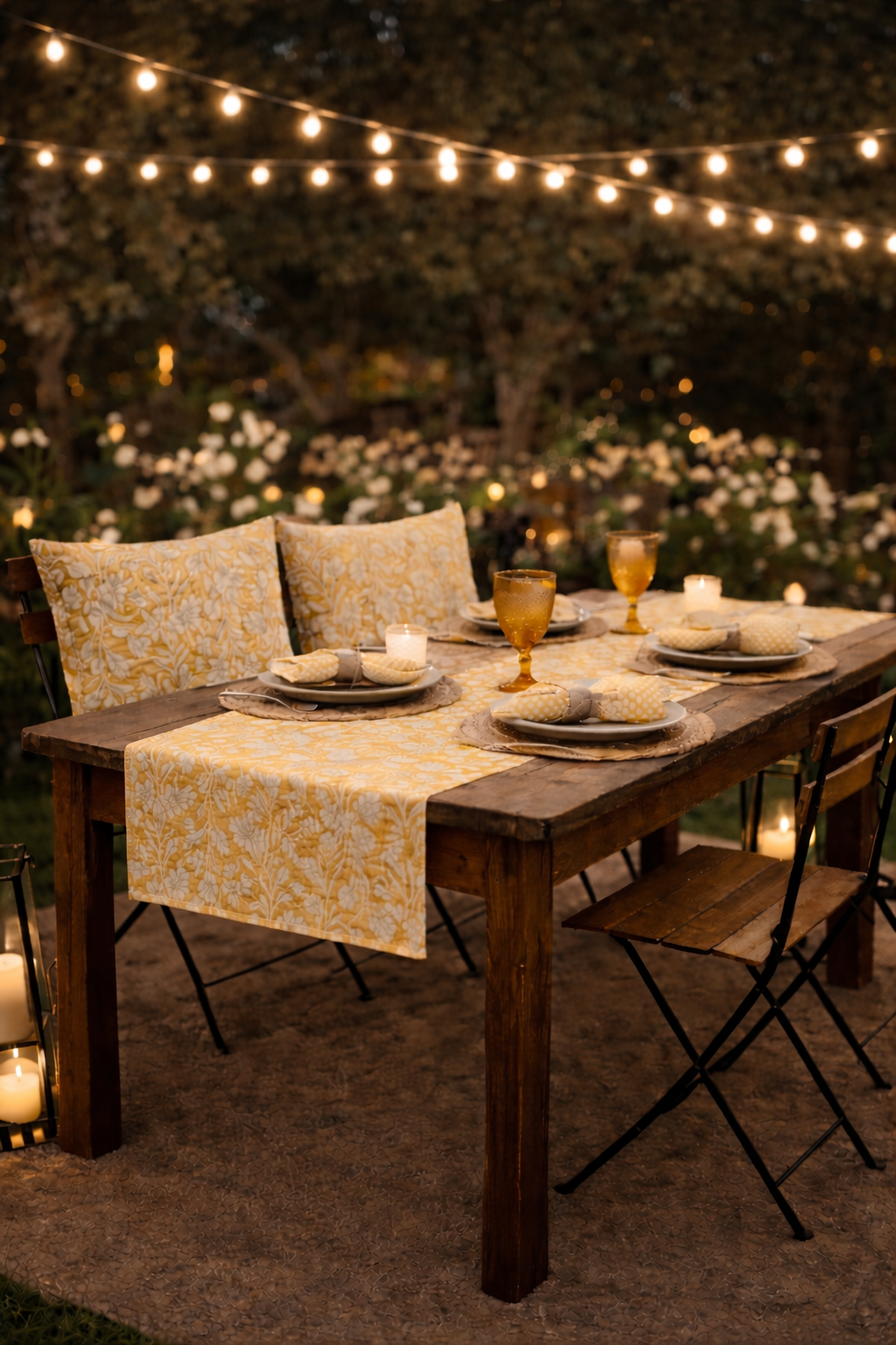 Lemon hand block printed cotton table runner styled on a wooden dining table with matching napkins and olive placemats