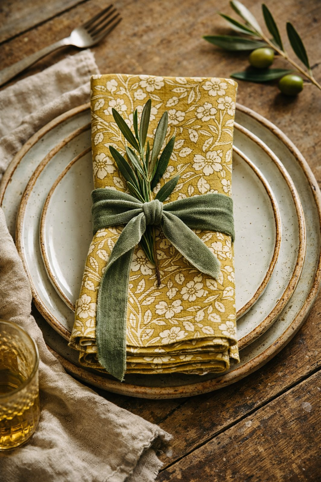 Set of four floral lemon cotton napkins styled on a summer table, soft yellow floral pattern, country garden table setting