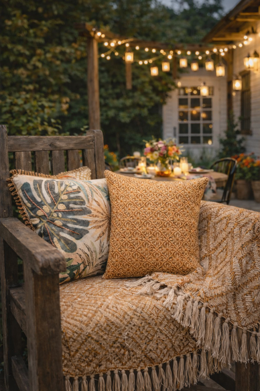 Saffron outdoor cushion and throw bundle styled on garden chairs, featuring embroidered tropical leaf cushion, hand-block print cushion and diamond weave throw for summer patio seating