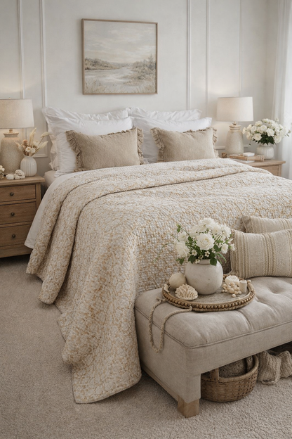 Lightweight cotton bedding quilt in wheat colour with Kantha stitching styled on neutral bed for summer bedroom.