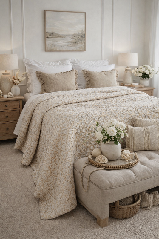 Lightweight cotton bedding quilt in wheat colour with Kantha stitching styled on neutral bed for summer bedroom.