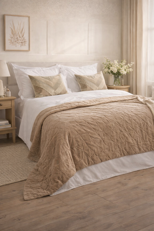 aupe velvet bedspread styled on neutral bed, lightweight cotton quilt for summer bedding, luxury neutral bedroom decor