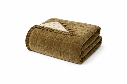 Luxury olive green velvet bedspread with matching cushions, lightweight summer bedding set in cotton and linen, styled bedroom inspiration UK Ireland