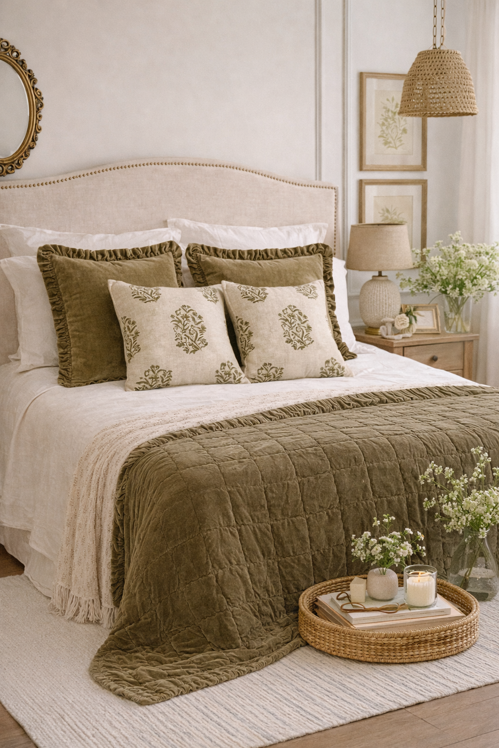 Luxury olive green velvet bedspread with matching cushions, lightweight summer bedding set in cotton and linen, styled bedroom inspiration UK Ireland
