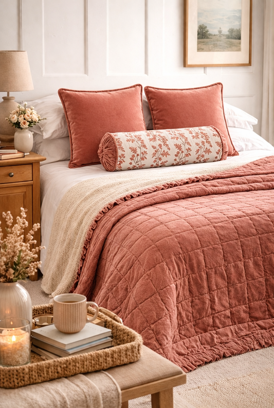 Rosewood velvet bedding set with quilted cotton bedspread and two matching feather filled cushions, luxury comfy bed styling for a soft layered bedroom