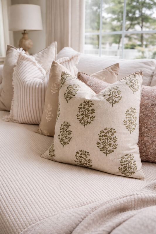 Olive botanical cotton cushion with feather insert styled on a neutral sofa with layered decorative cushions in soft beige and blush tones. best places to buy decorative cushions online