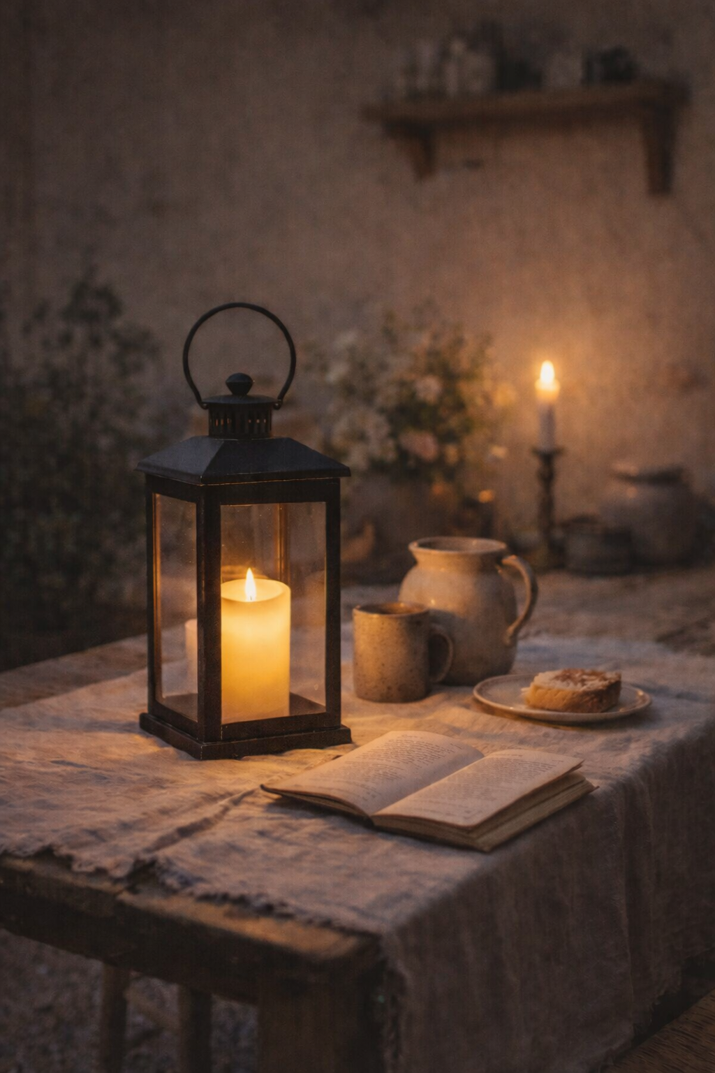 Battery-powered LED pillar candle glowing inside a black lantern on a rustic wooden table with linen cloth, styled with a book and ceramic mug to create a cosy candlelight setting.