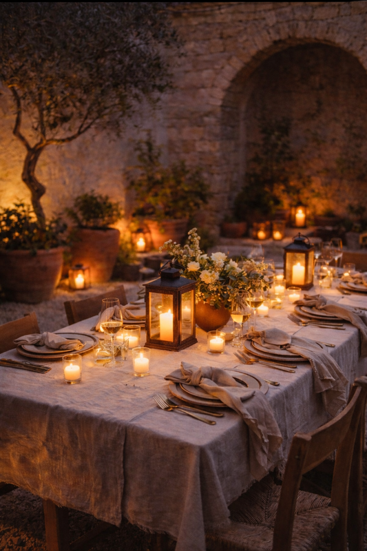 Battery powered candles glowing on an outdoor dining table, creating warm ambient lighting for a garden dinner setting. Realistic LED candles styled with lanterns and table décor, perfect for outdoor entertaining, patio tables, and cosy evening table settings.