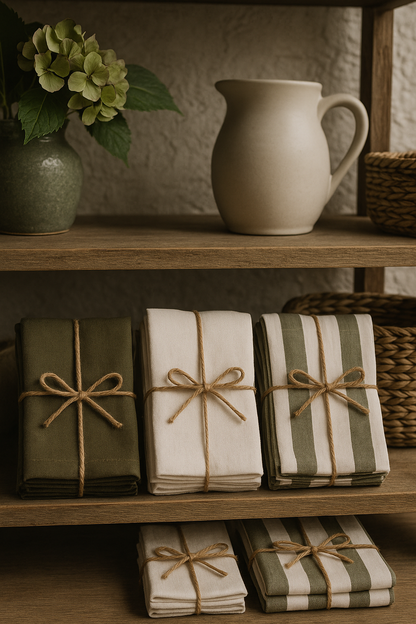 Close-up of olive green and cream striped cotton fabric tablecloth by Walton & Co