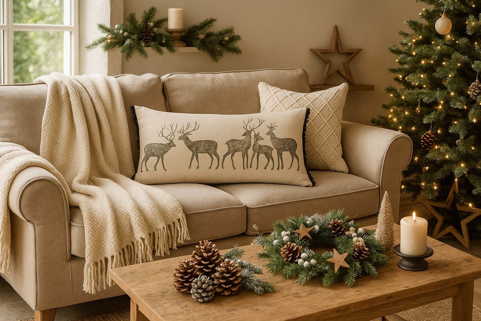 Country-style living room with Forest Stag Cushion adding warmth and texture to festive decor.