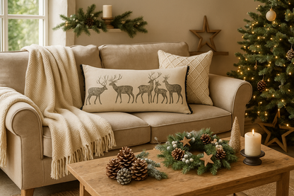 Country-style living room with Forest Stag Cushion adding warmth and texture to festive decor.