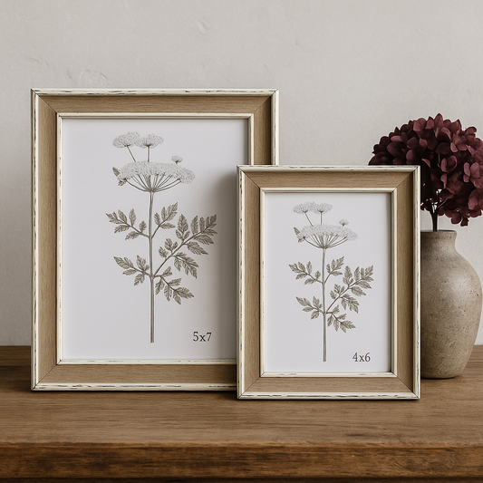 Country-style narrow wooden photo frame close-up