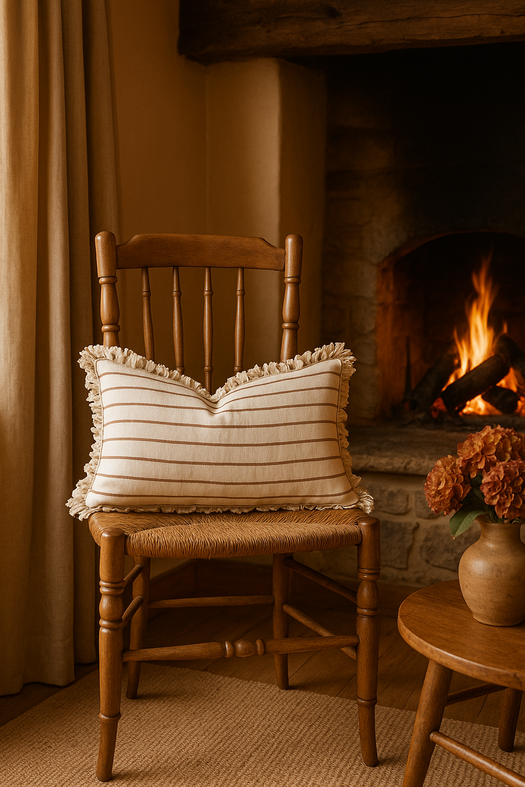 brown and cream striped cushion beside a traditional cottage open fire