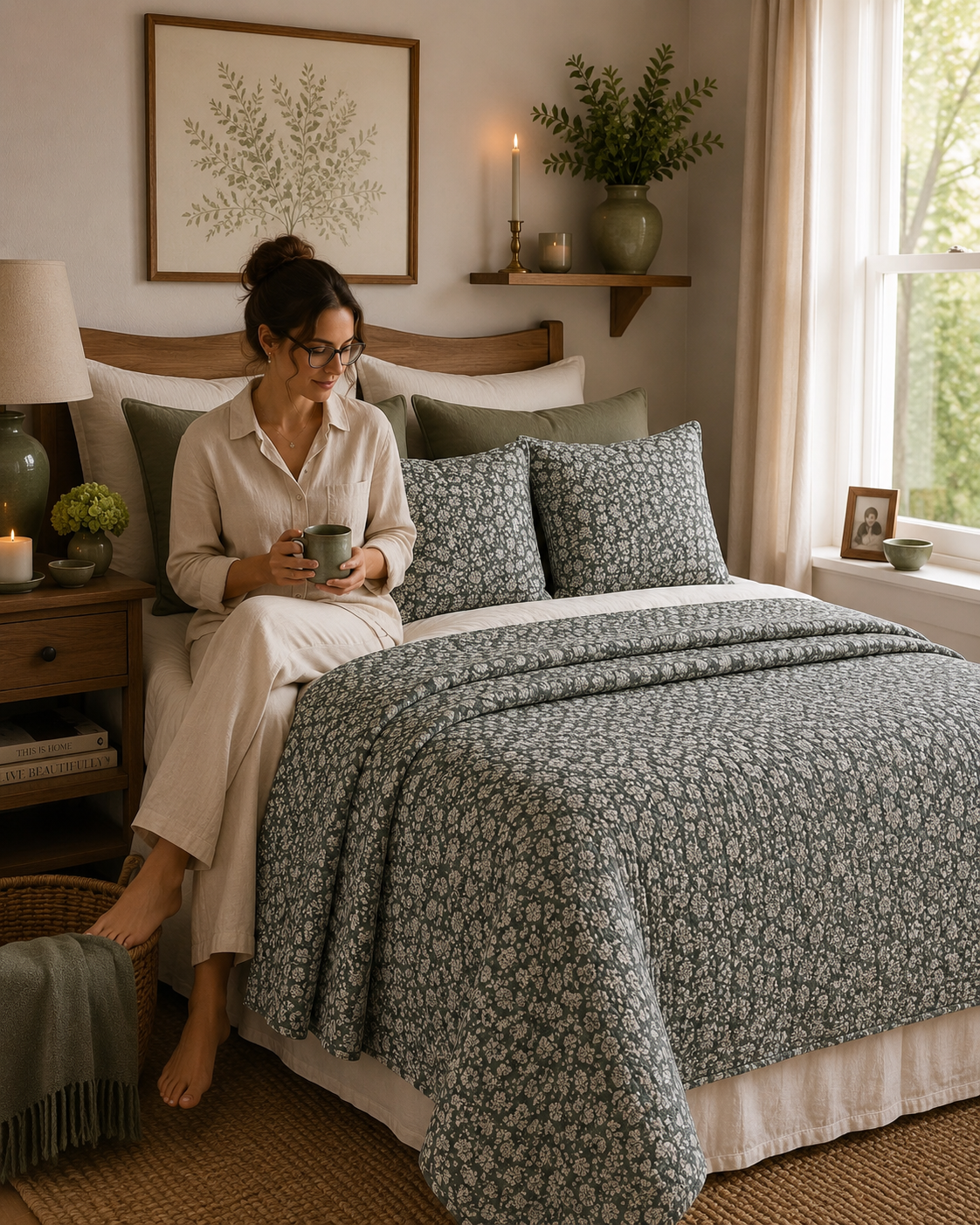 Province Quilted Throw in Sage – 150x230cm Cotton Blend Bedspread for Cosy Country Bedrooms