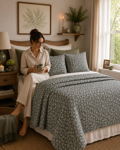 Province Quilted Throw in Sage – 150x230cm Cotton Blend Bedspread for Cosy Country Bedrooms