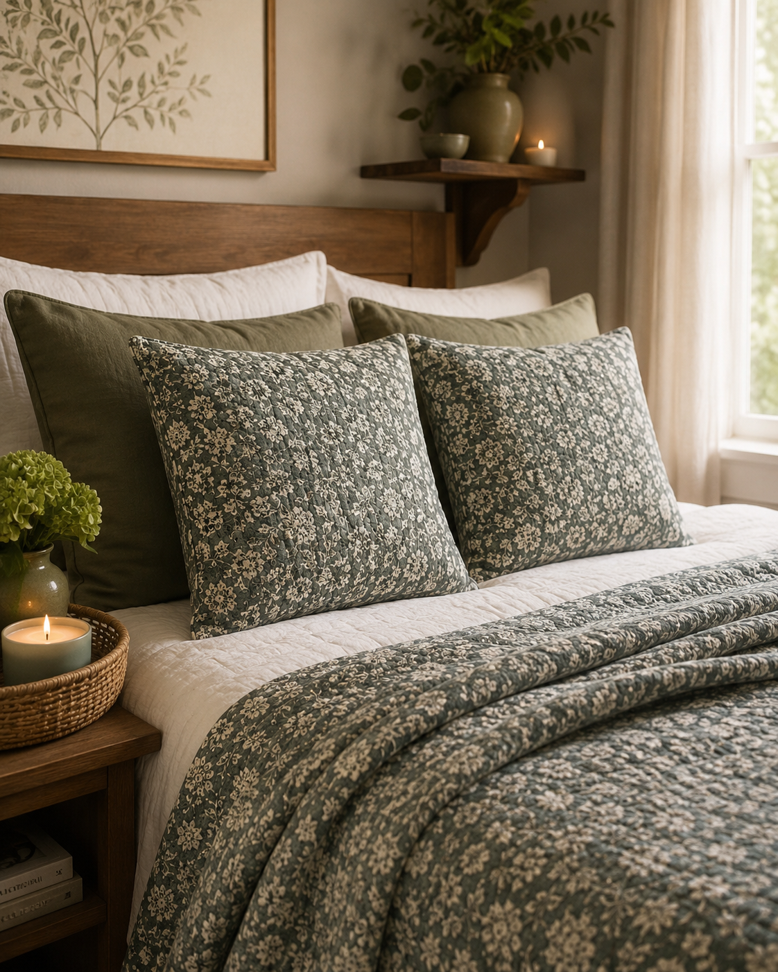 Province Quilted Cushion in Sage – 43x43cm Feather-Filled Bed Cushion to Match Province Bedspread