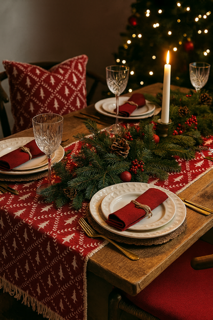 Elegant red Christmas table runner with candles, greenery, and pinecones — perfect for festive dining.