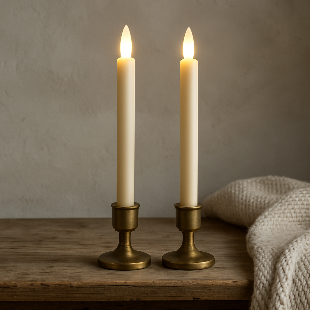 Flameless ivory dinner candle with realistic wax texture and warm flickering light, ideal for mantel styling and safe home lighting