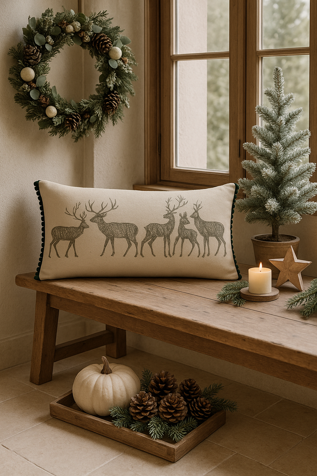 Forest Stag Cushion by Walton & Co on a cosy sofa — festive feather-filled lumbar cushion in soft cotton fabric.