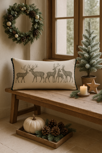 Forest Stag Cushion by Walton & Co on a cosy sofa — festive feather-filled lumbar cushion in soft cotton fabric.
