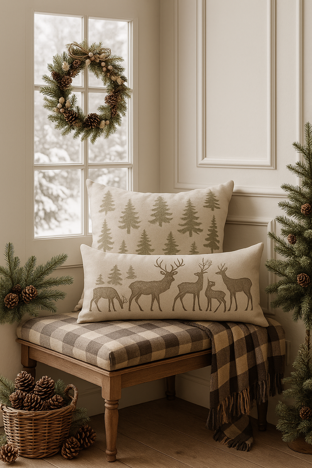 Forest Trees Cushion by Walton & Co — green tree patterned Christmas cushion on a neutral background, 43x43cm.