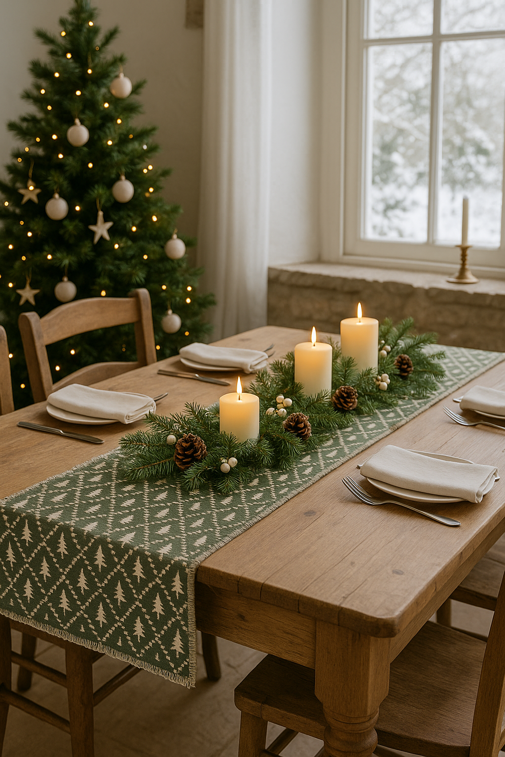 Green and cream Christmas table runner with tree pattern and frayed edge, perfect for elegant holiday table settings.