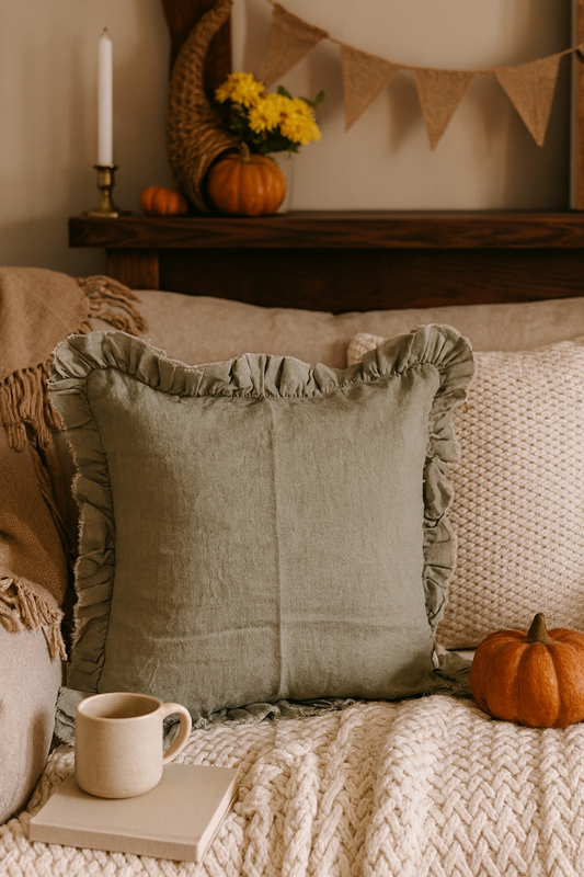 sage green linen cushion on a cosy autumn sofa setting