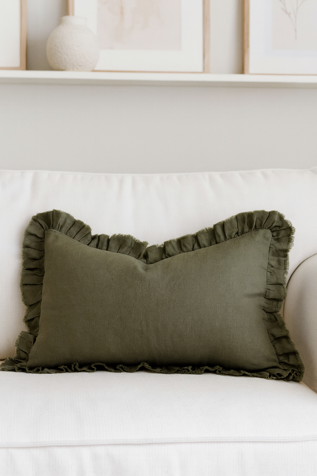 Hallie khaki ruffle cushion cover in sage-khaki linen, 50 × 30 cm—textured lumbar scatter for modern country interiors.